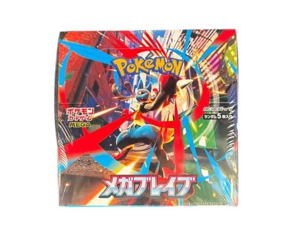 Pokemon Mega Brave M1L booster box factory sealed Japanese wholesale - front view showing Mega Lucario artwork with blue and gold accents