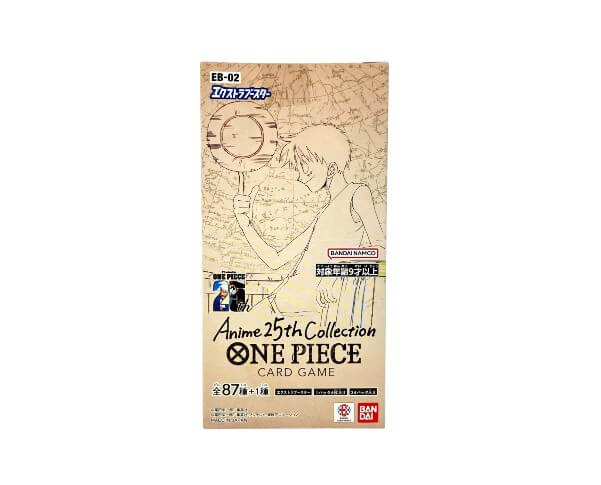 One Piece EB-02 Anime 25th Anniversary Collection booster box factory sealed Japanese wholesale - front view showing 25th anniversary logo and Straw Hat Crew artwork