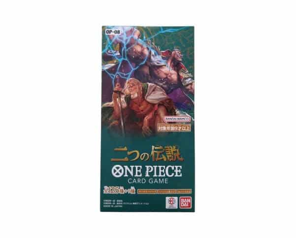One Piece OP-08 Two Legends booster box factory sealed Japanese wholesale - front view showing Rayleigh and Whitebeard Pirates artwork